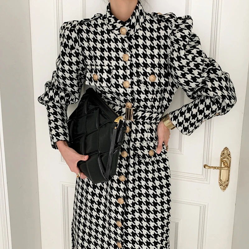 

Korea Chic Autumn And Winter Stand Collar Single-Breasted Straight Split Houndstooth Woolen Dress Outerwear With Belt Women