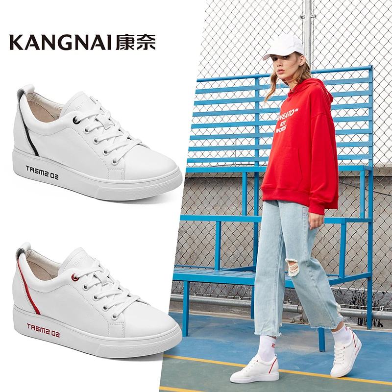 

KANGNAI Women Casual Shoes Genuine Leather Platform Med Heels Lace-Up Shoes Round Toe Female Shoes