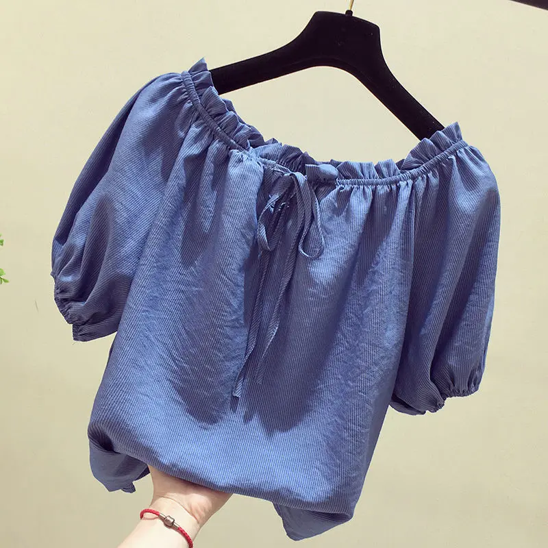 

2021 Summer New Women Short Sleeve Chiffon Blouse and Shirts Female Solid Loose Slash Neck Ruffles Lady Shirts Outwear Tops L249