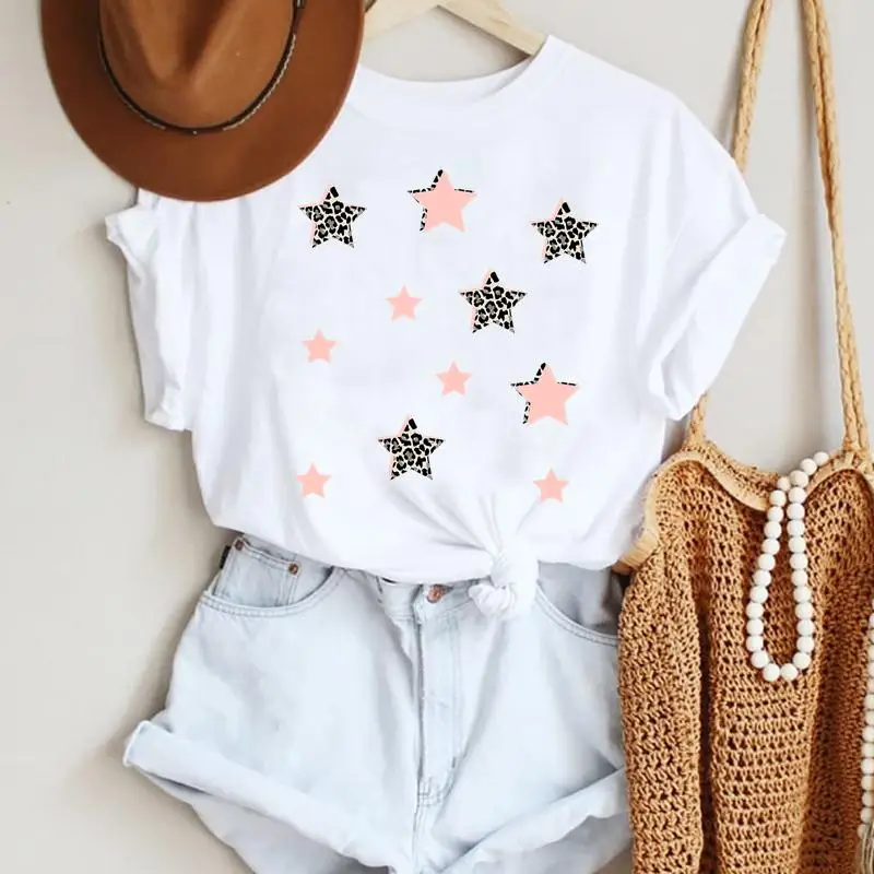 

Women Cartoon Leopard Star Love Letter Trend 90s Fashion Summer Lady Print Tee Graphic T Top Female Tshirts Clothes T-Shirt