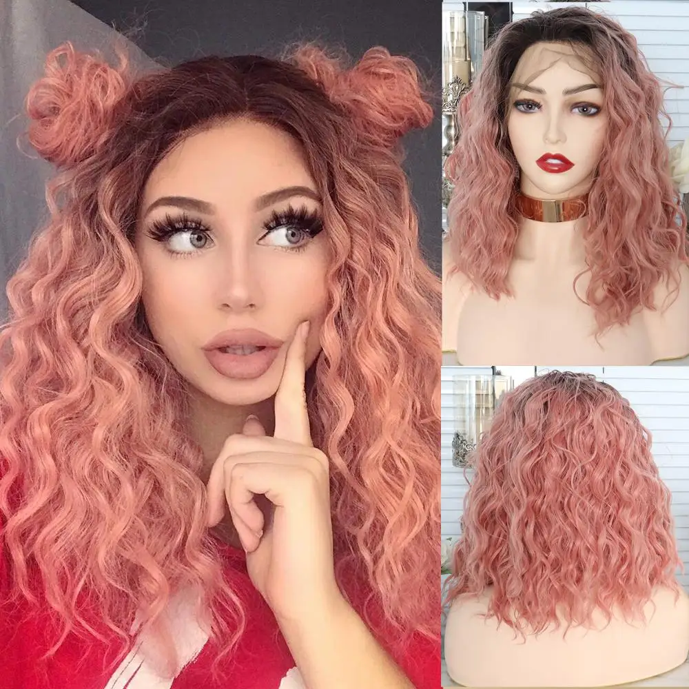 Розовый цвет естественная волна Короткие парик синтетические 13*4 Синтетические