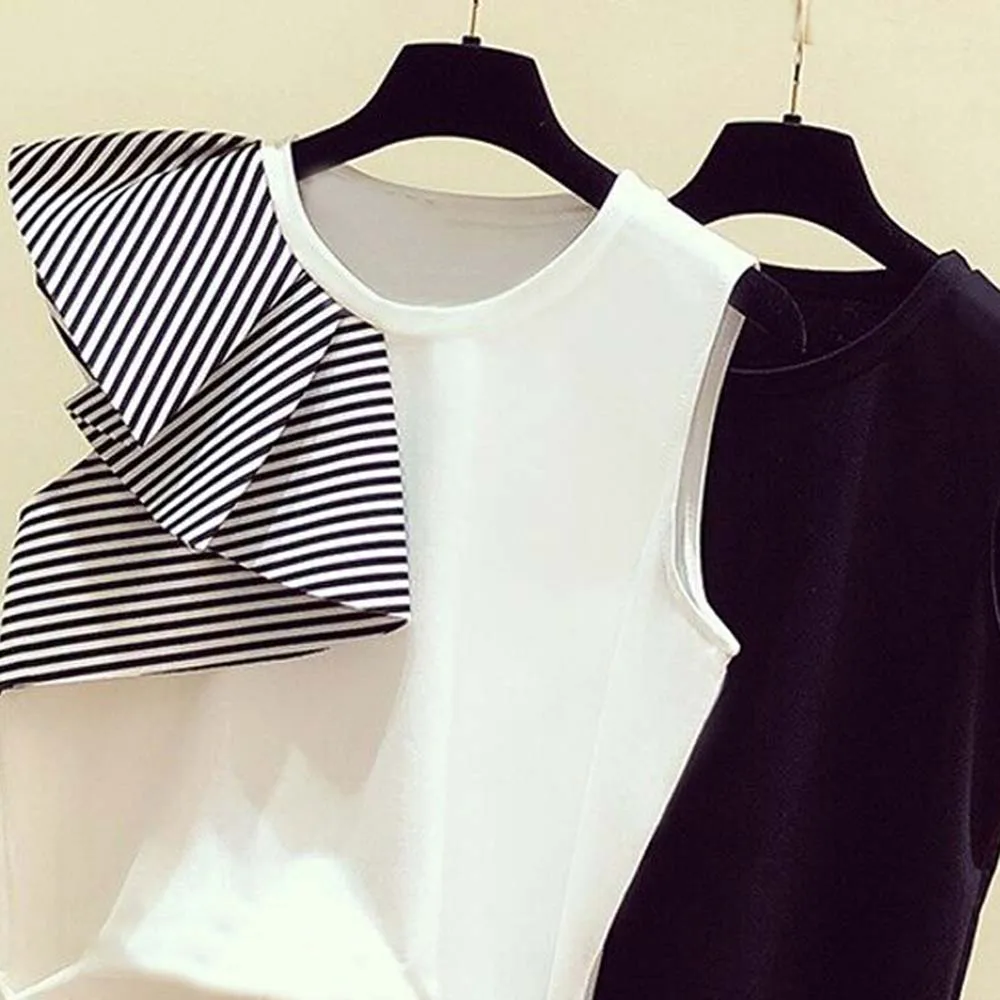 

T-Shirt 2021 Early Spring New Fashion Irregular Stripe Stitching Ruffled Fake Two-piece Tops Asymmetrical Strapless Tee Japanese