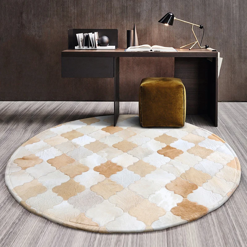 

2M Luxury pacthwork cowhide rug cicle room decoration carpet round real fur skin carpet for villa floor mat