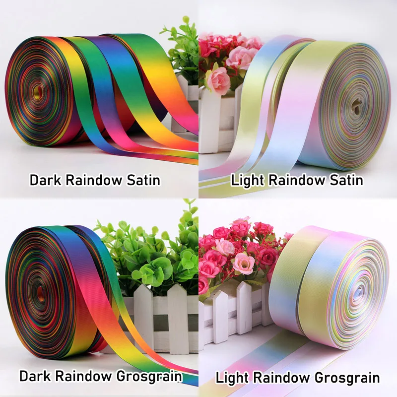 

5yards/lot ( 4.5meters ) 100% Polyester Colors Double Single Face Satin Grosgrain Rainbow Ribbons for Wedding Party Decoration