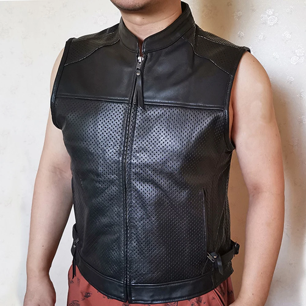 

Club Leather Motorcycle Vest For Mens Hollow Out Breathable Cowhide Perforated Waistcoat Male Genuine Leather Sleeveless Jackets