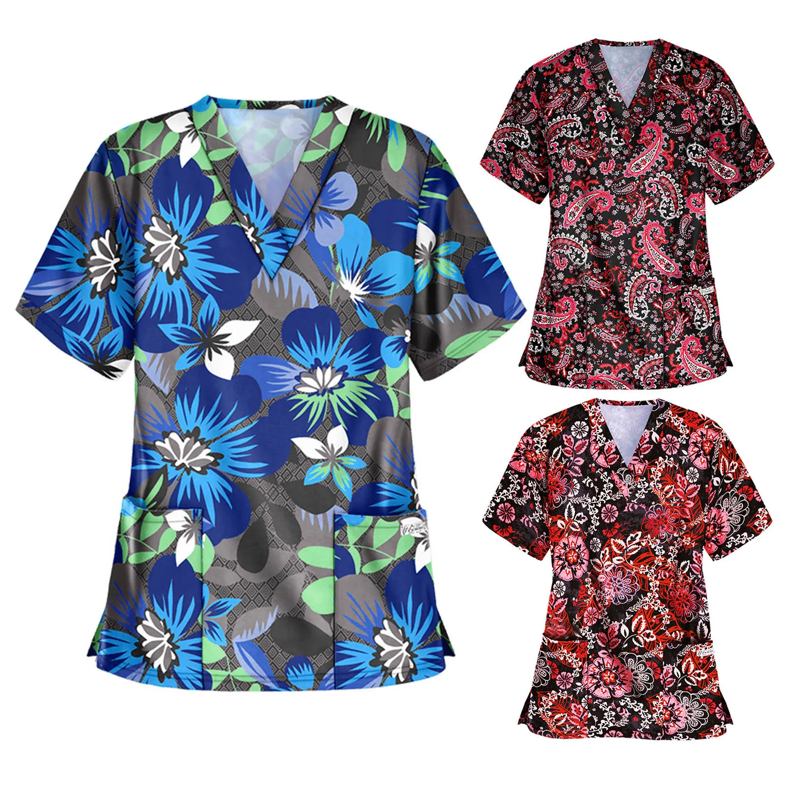 

Nurse Uniform Floral Print V-neck Scrub Tops Women Short Sleeve Pocket Blouse Overalls Nursing Accessories A5