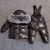 new russian winter children down jacket overall suit big real fur collar kids ski suit boys girls plus warm jacket silver ws876