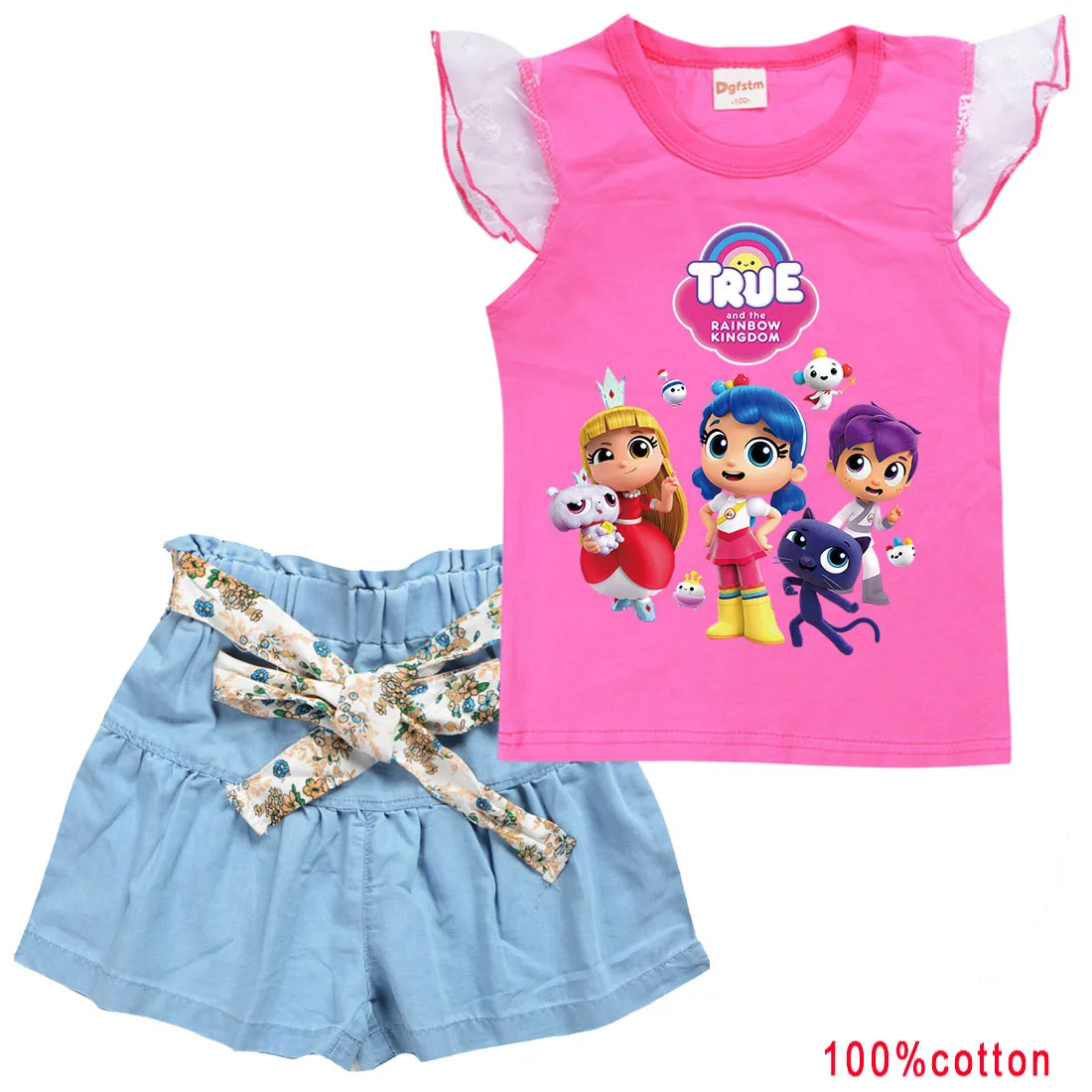 

True and The Rainbow Kingdom UK Clothes Set 2021 Summer Baby Girl Short Sleeve T-shirt+Denim A-line Shorts 2pcs Sets Boys Outfit