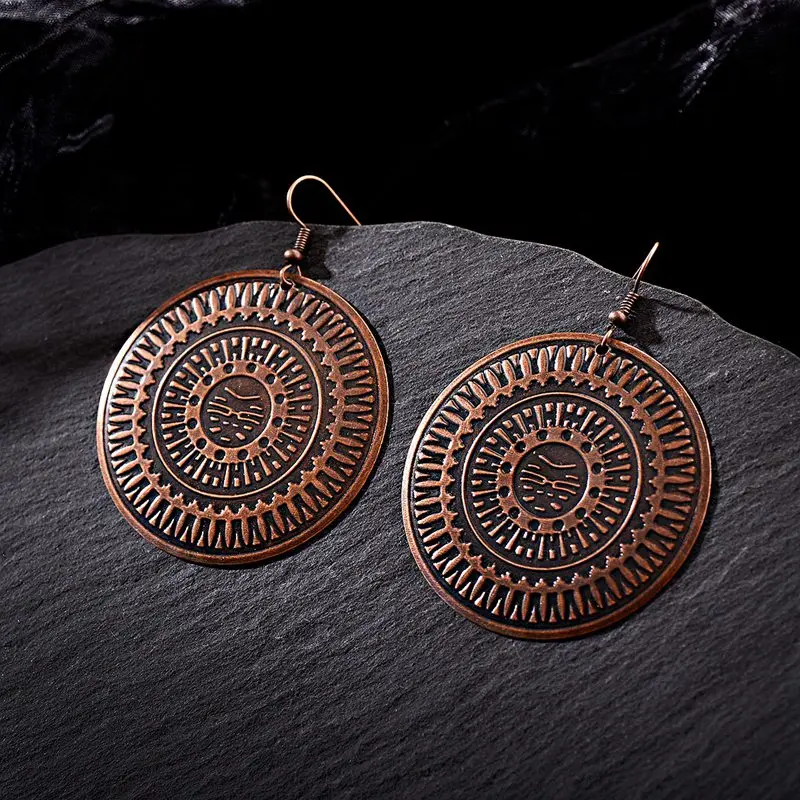 Винтажные богемные большие круглые резные женские цыганские серьги