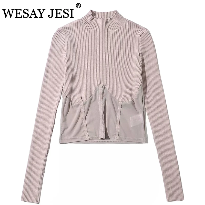 

WESAY JESI 2021 Spring New Women Knitted Tops Mesh Pacthwork Crop Top Sweater Korean Long Sleeve O-neck Slim Short Knitwear