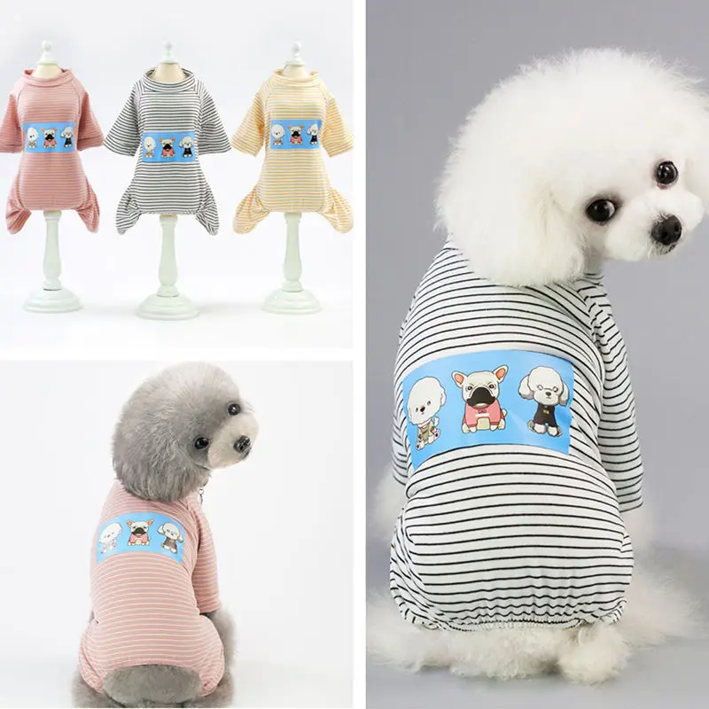 

Pet Dog Clothes Soft Puppy Striped Sweater Puppies Print Home Clothes Pet Pajamas Teddy Bear Bomei Four Legged Long Sleeve Coat