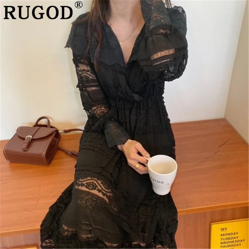 Женское длинное платье RUGOD элегантное кружевное с v образным вырезом и рукавами