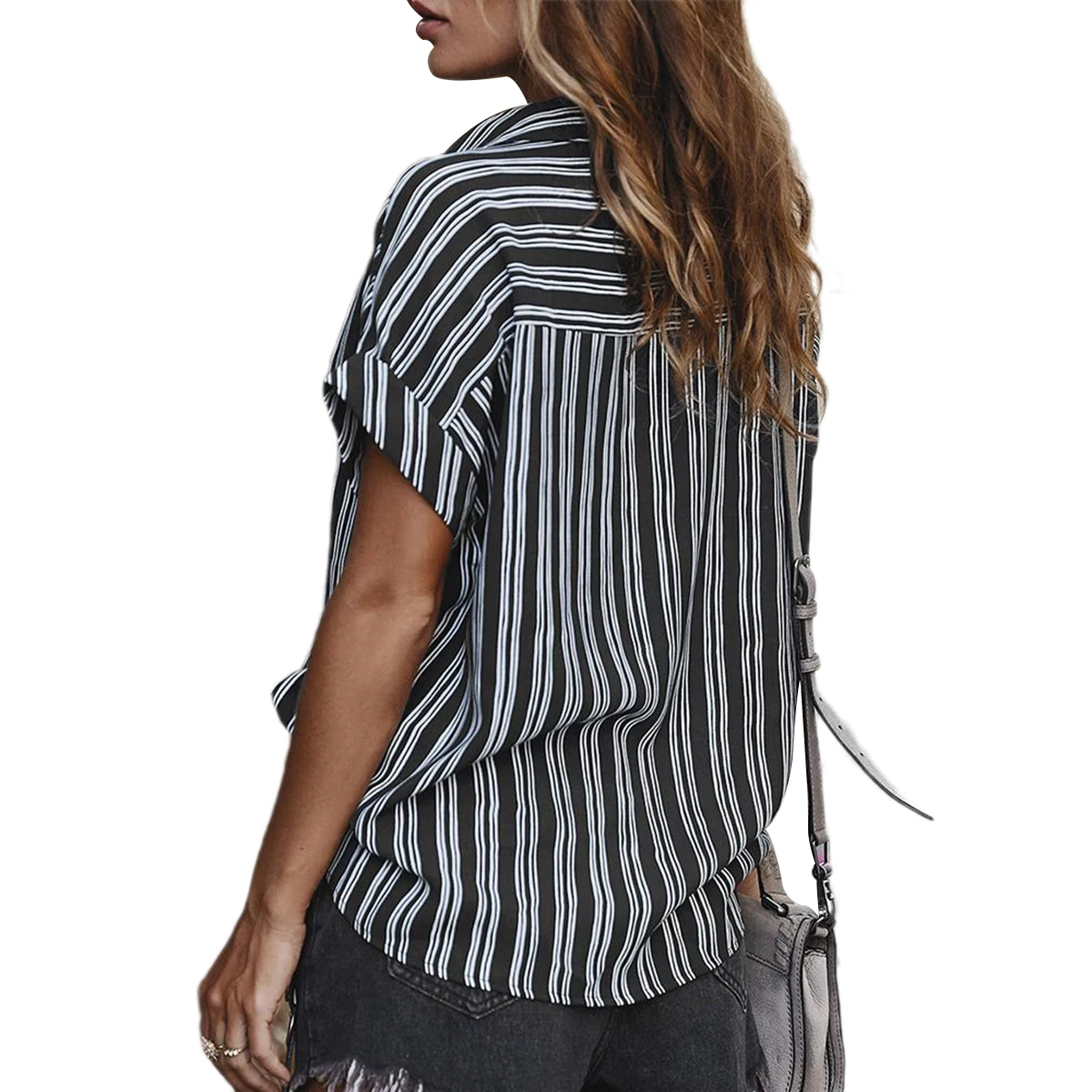 

New Women Blouses Striped Short Sleeve Ladies Loose Lapel Cardigans Summer Casual Style Clothing V Neck Button 2020