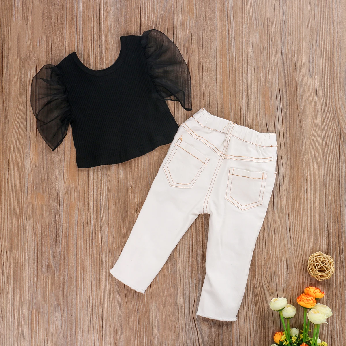 Summer Kids Girl Sets Clothing Fashion Mesh Puff Sleeve Black Crop Tops+Beads Holes Flare Pants Child Streetwear Outfits |