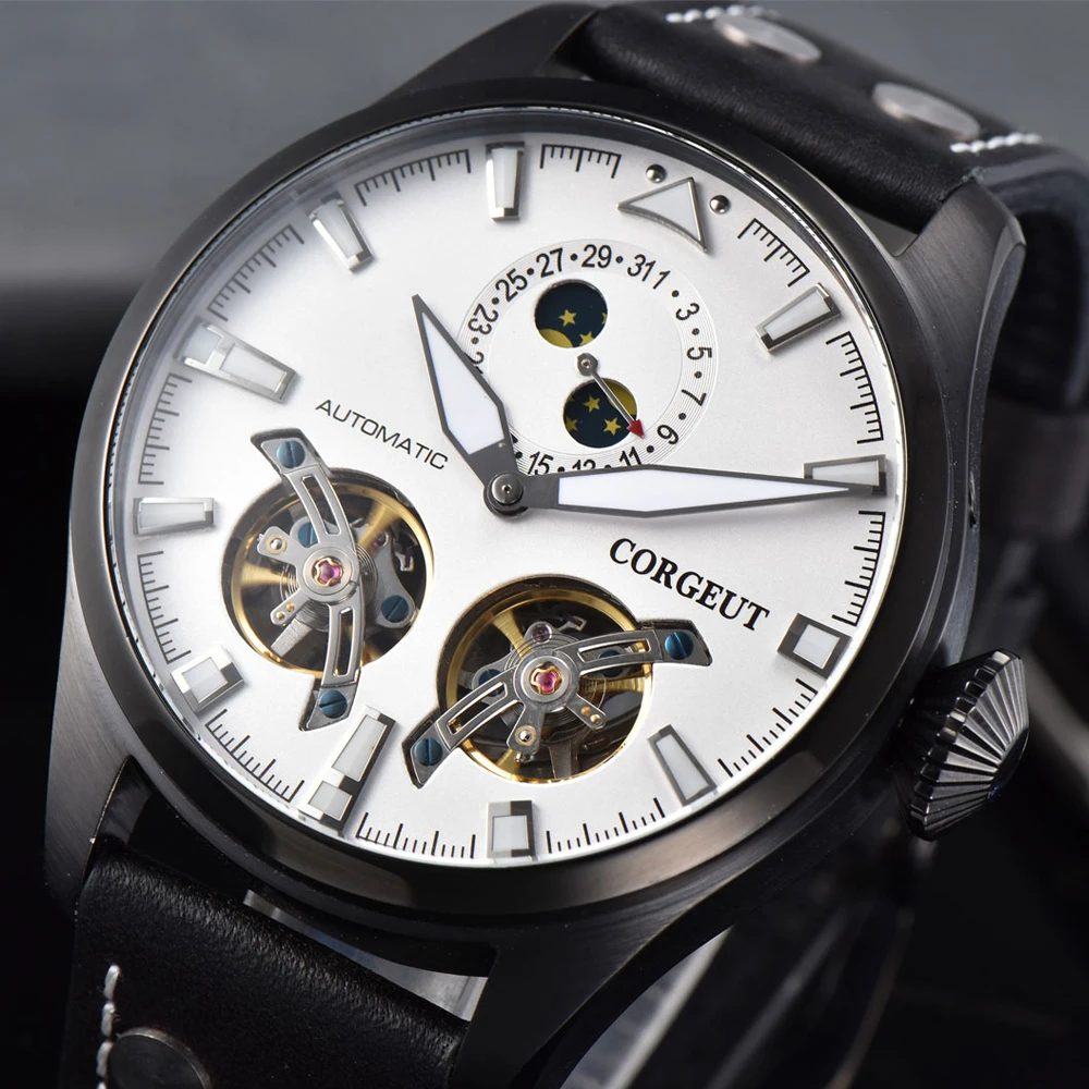 Corgeut 46 мм мужские полые Tourbillon белый циферблат Сапфировая кожа сталь черный корпус