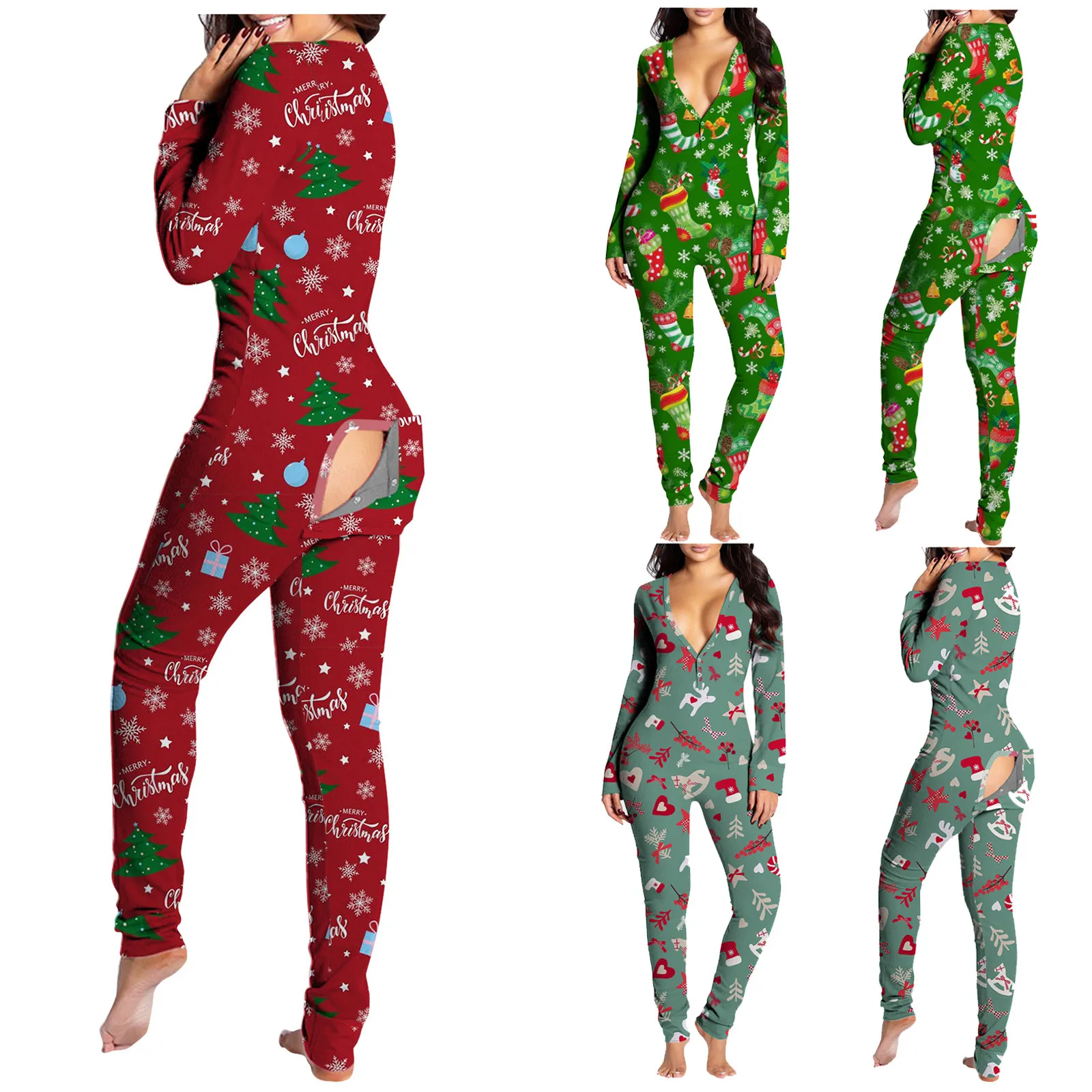 Sexy Christmas Pajama for Women New Year Jumpsuit Button-down Front Back Butt Bum Open Ass Flap Xmas Print Loungewear |