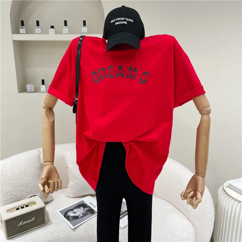 

Women Summer 2021 Niche Design Fashion Simple Round Neck Letter Print Loose And Irregular Short Sleeve T-shirt Bottom Top