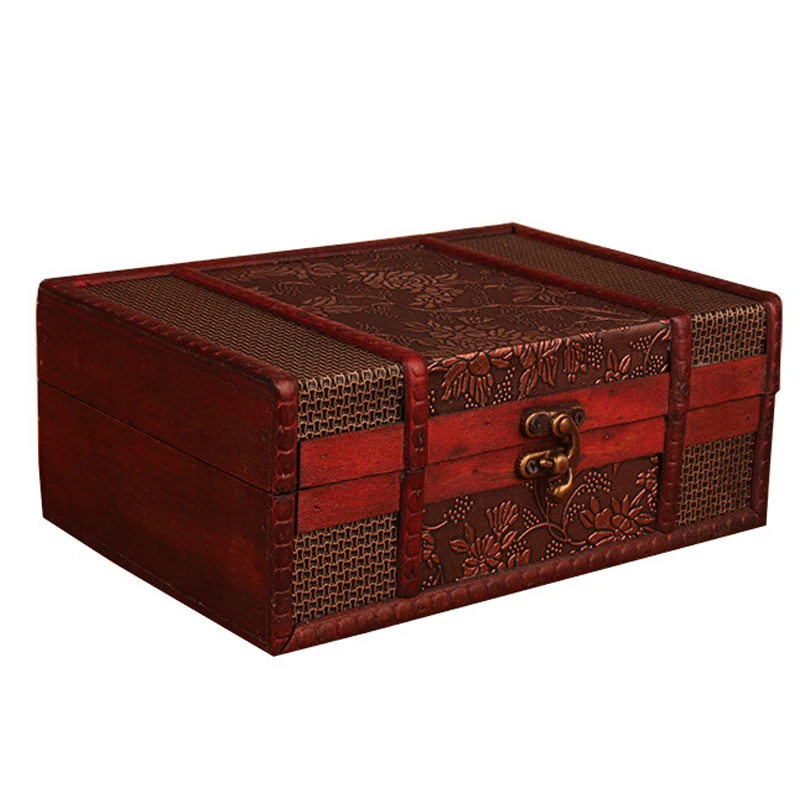 

Retro Wooden Storage Box with Lock Ornaments Home Decoration Desktop Book Organizer Jewelry Boxes Antique Cosmetic Box Household