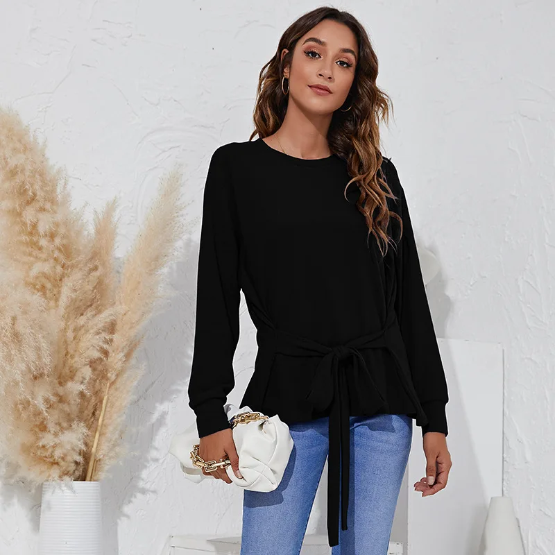 

Women O-neck Long Sleeve T-shirt 2021 Autumn Winter New Top Lace Up Sashes Design Fashion Solid Casual Loose Pullovers Black
