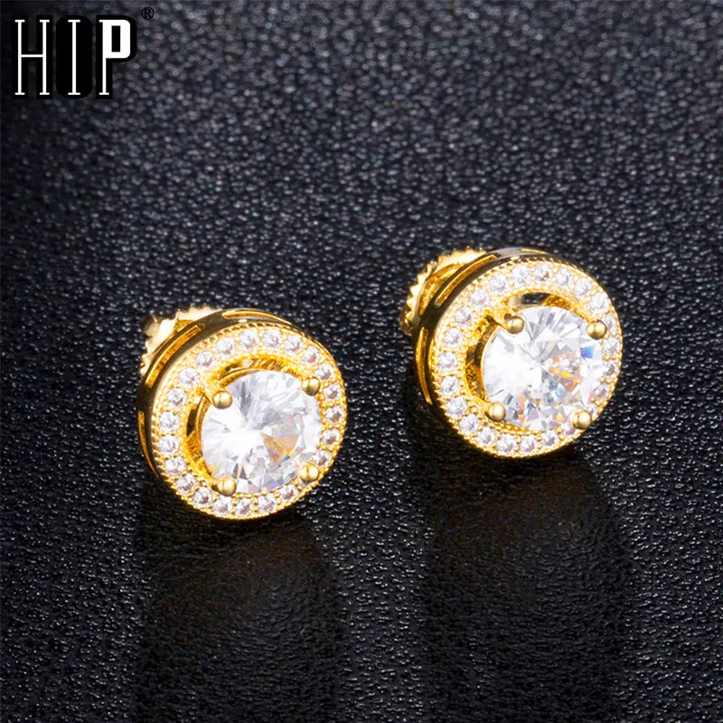 

Hip HOP 1Pair Big Zircon Micro Full Paved Rhinestone CZ Stone Round Bling Iced Out Stud Earring Copper Earrings For Men Jewelry