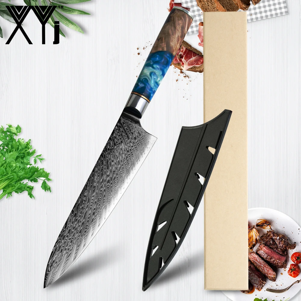 XYj нож шеф повара из дамасской стали искусственный с деревянной ручкой смолы