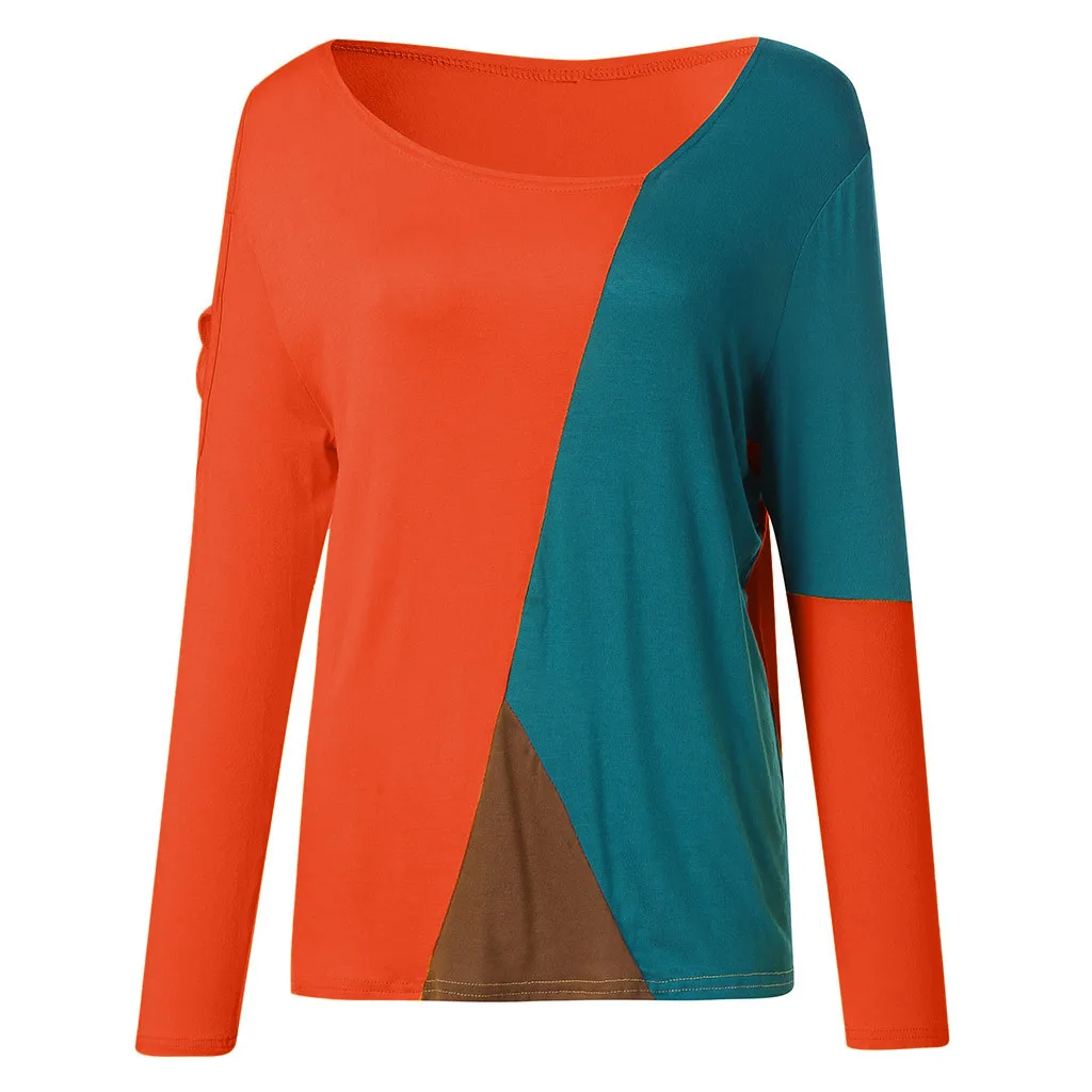 

Women Splicing Blouse Full Sleeve Casual Cotton Tops Shirts Hollow Out Plus Size Loose Geometric Top