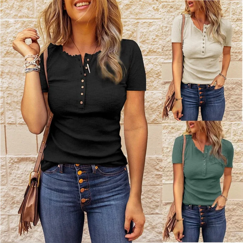 

Pure color thread knitting T shirts of cultivate one's morality female with short sleeves