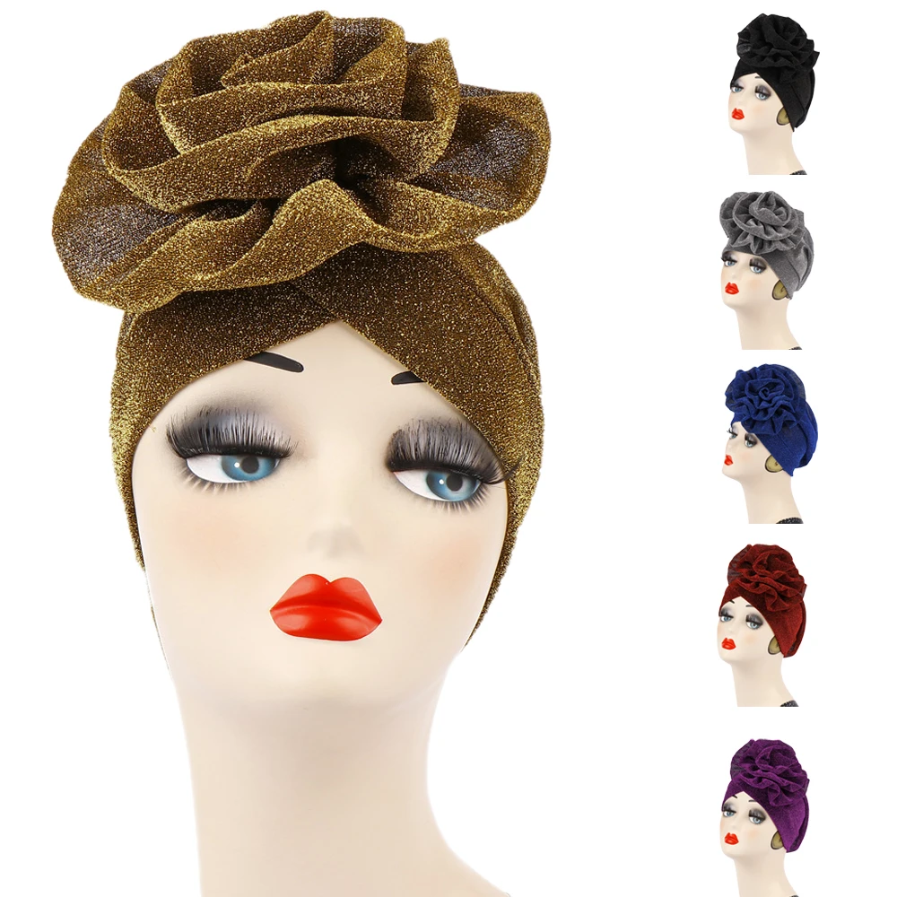 

Блестящий мусульманский женский тюрбан, индийская Кепка, головной убор с большим цветком, шапка для химиотерапии, шапка от выпадения волос, ...