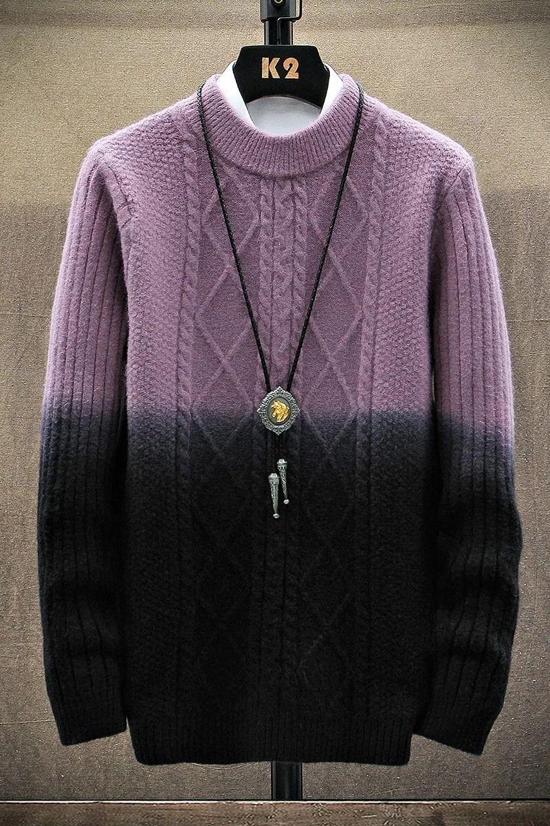 

Mens Sweater Round neck Sweaters Winter Warm Knitted Pullover Sweater Male Casual Gradient Knitwear Outfits