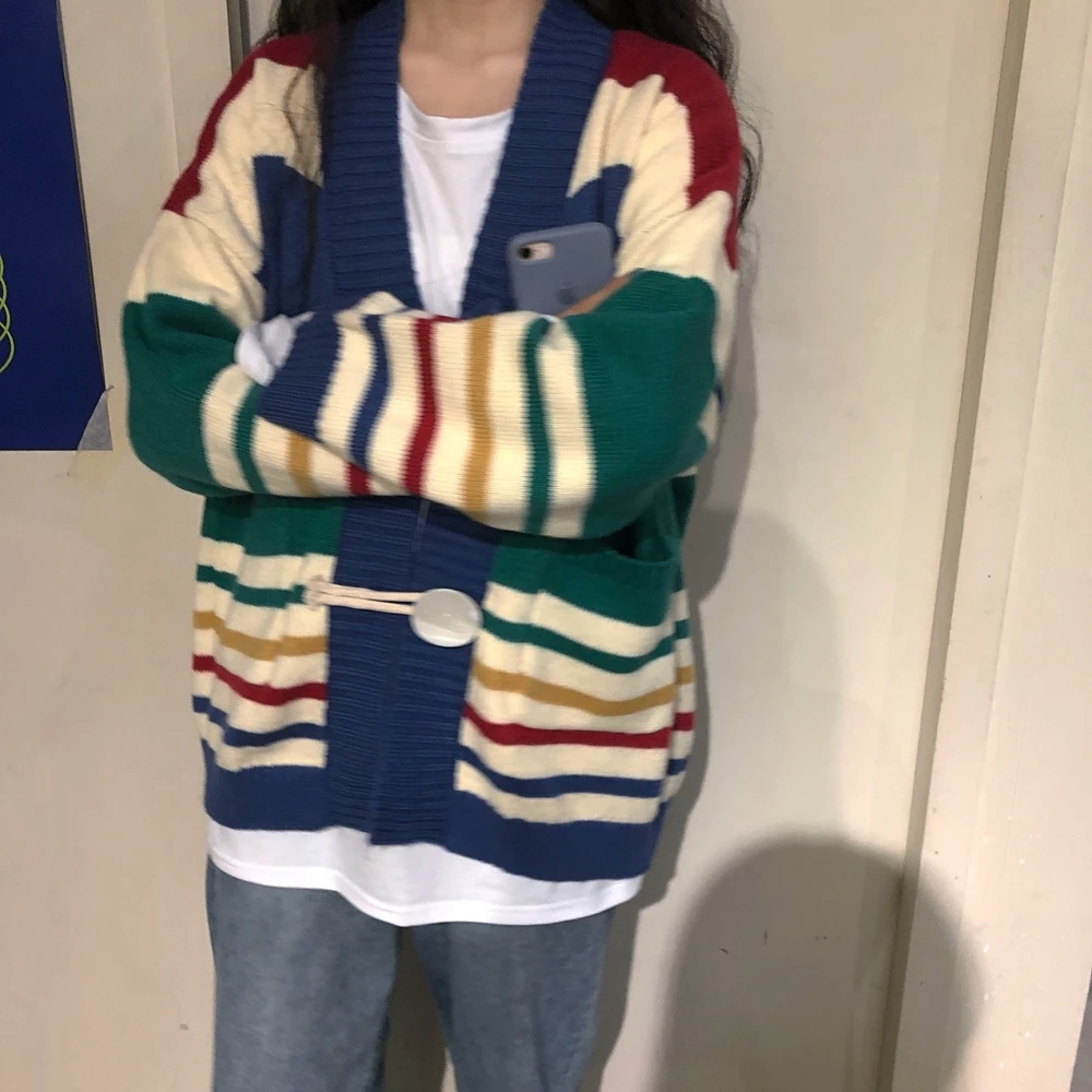 

Spring and Autumn New Retro Loose Rainbow Striped Cardigan Long Sleeve Knitted Sweater Women