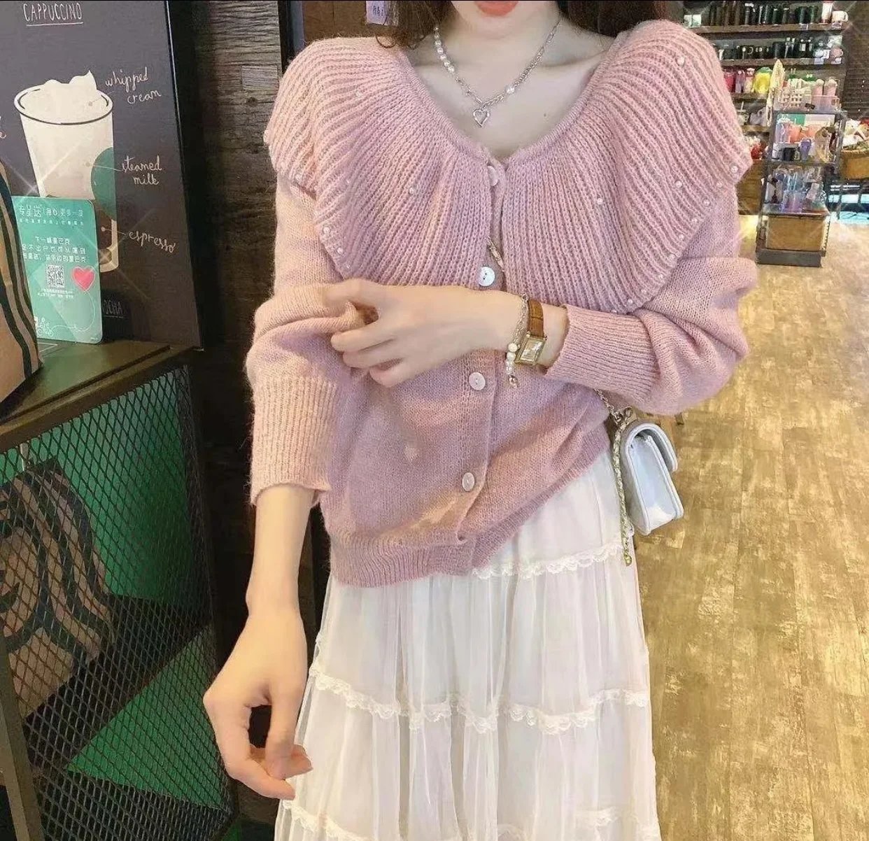 

Женский вязаный кардиган с бусинами, в Корейском стиле