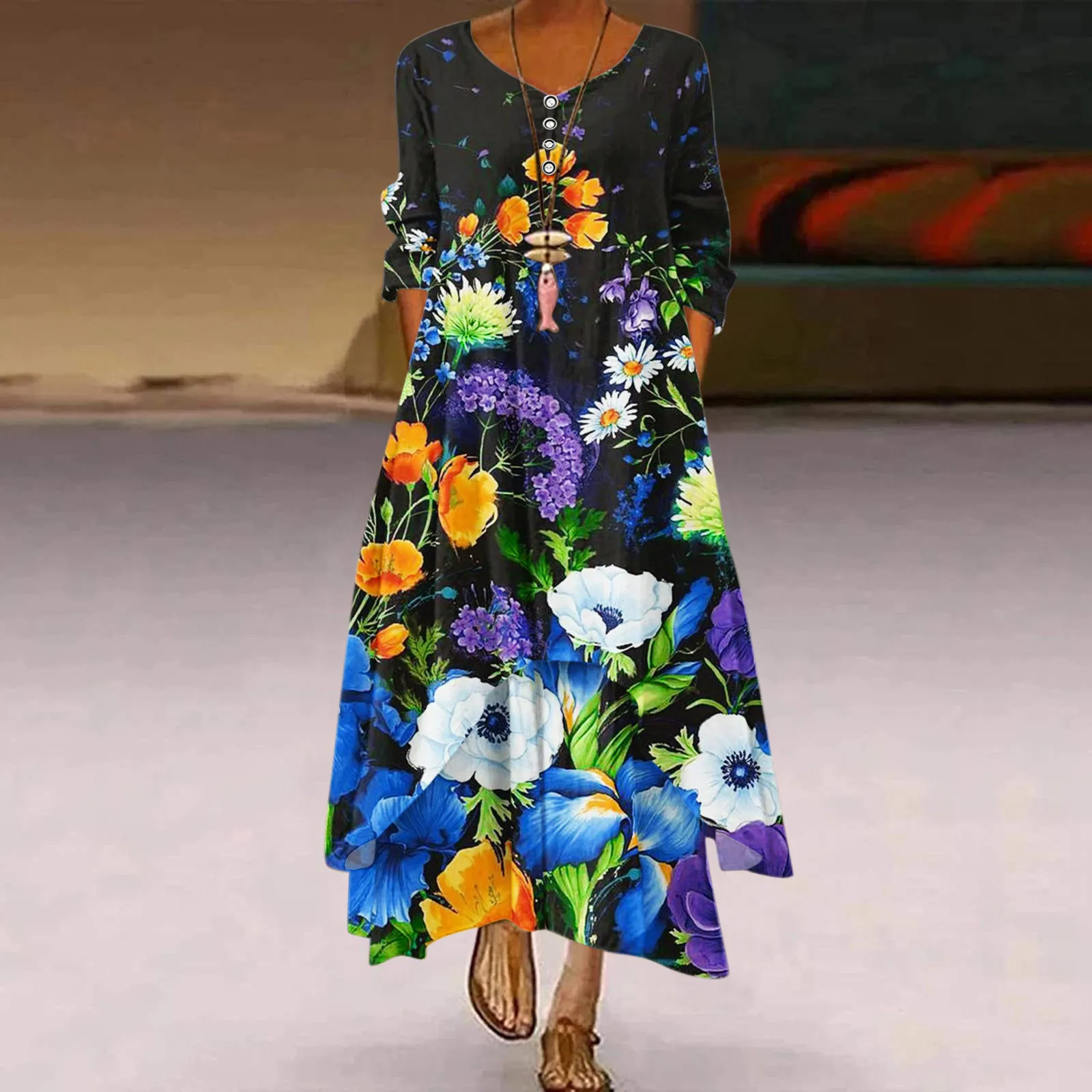 

Женское длинное платье с цветочным принтом, свободное винтажное пляжное платье большого размера с широкой юбкой в богемном стиле, Одежда бо...