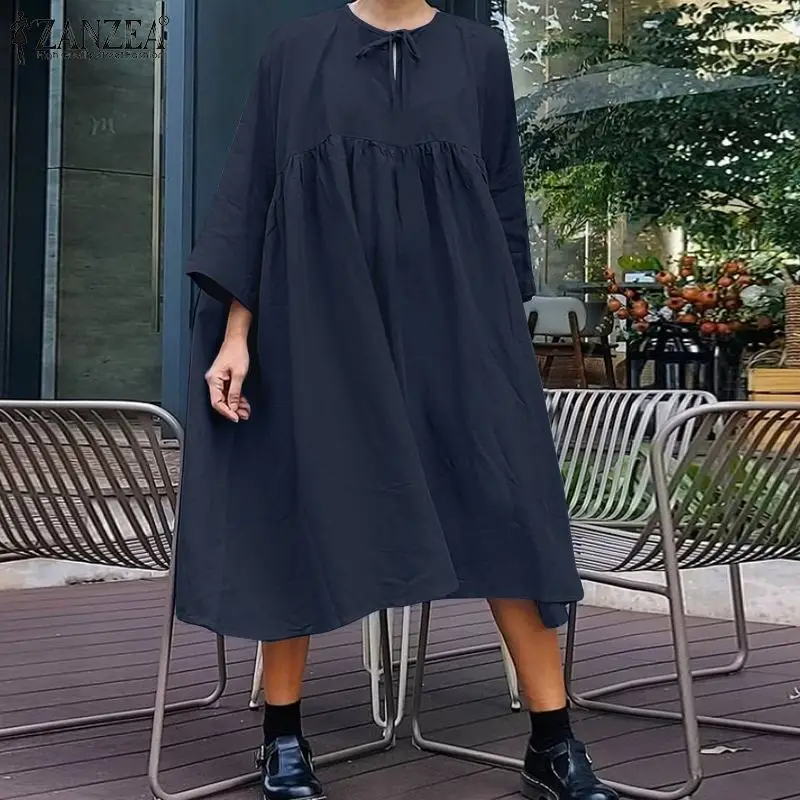 

2021 ZANZEA Women Spring O Neck Long Sleeve Dress Casual Vintage Kaftan Midi Vestidos Robe Femme Casual Loose Sundress Oversized