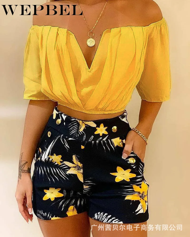 

WEPBEL Casual Short Sleeve V Neck Crop Top + Print Shorts Ladies Tracksuit Clothing Set Women Summer Two Piece Set