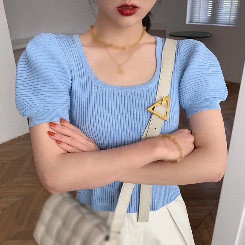 

Women T-Shirts Summer Square Collar Short Sleeve Knitted Korean Style Sweet Tees Solid Color Slim Tops