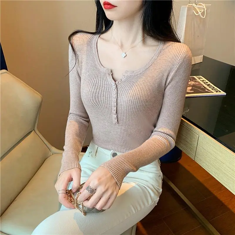 

Autumn Winter Button V Neck Sweater Women Basic Slim Pullover Women sueter con cuello de pico y botones para mujer sueter