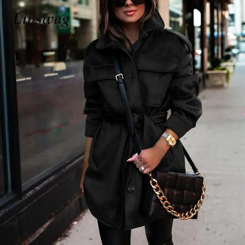 

Casual Women Oversize Coat Solid Color Belt Autumn Winter Clothes Women Waist Tied All Match Overcoat for Office
