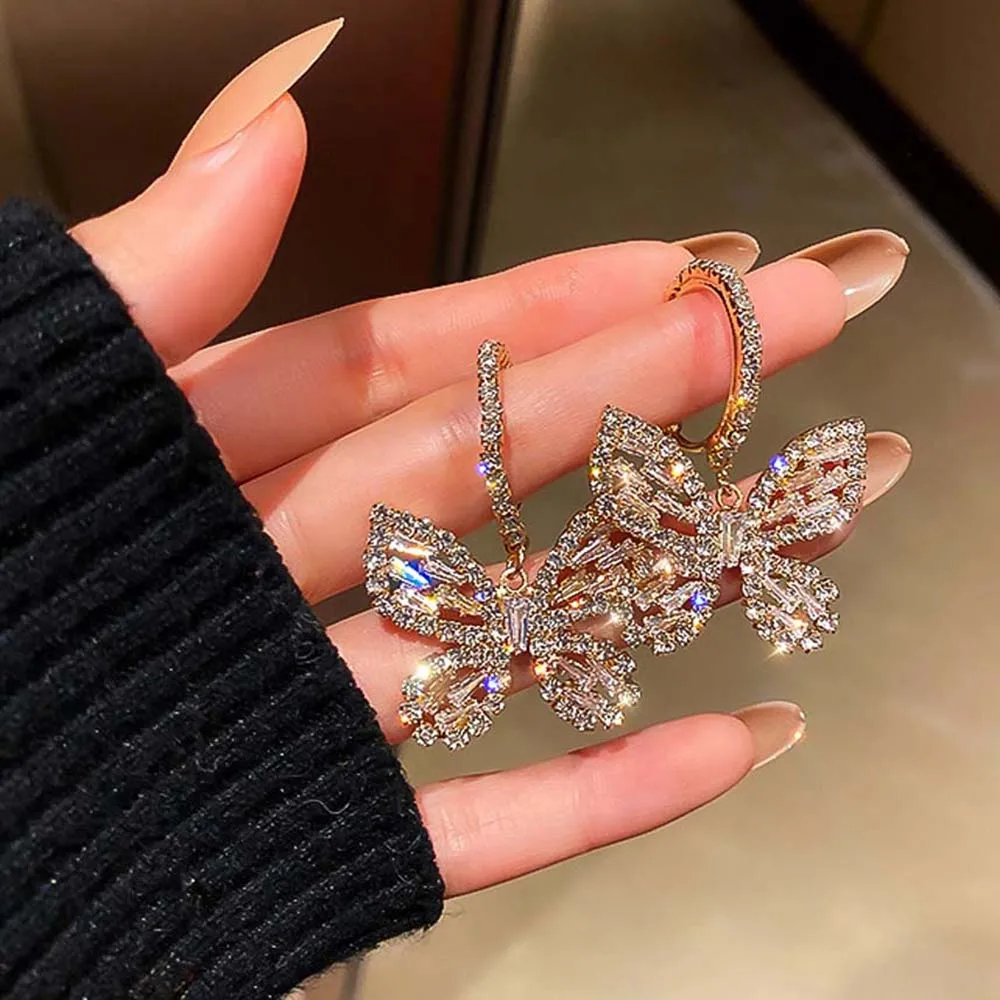 

New Style Golden Butterfly Crystal Dangle Earrings for Women Blue Rhinestone Weddings Party Jewelry Accessories