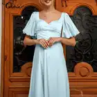 Женское атласное платье, с квадратным вырезом и пышными короткими рукавами, с оборками, повседневный вечерние рафан большого размера, лето 2021