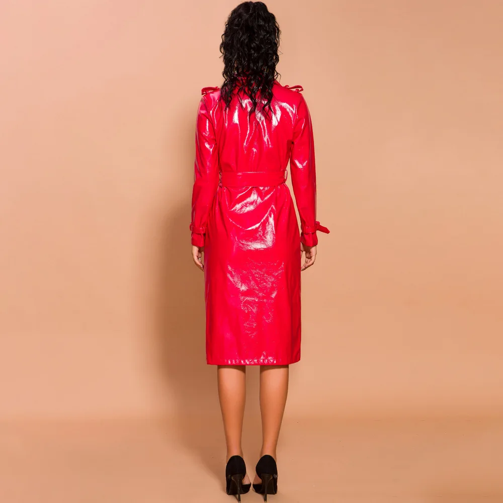 Женское длинное однотонное пальто из латекса с длинным рукавом и v образным