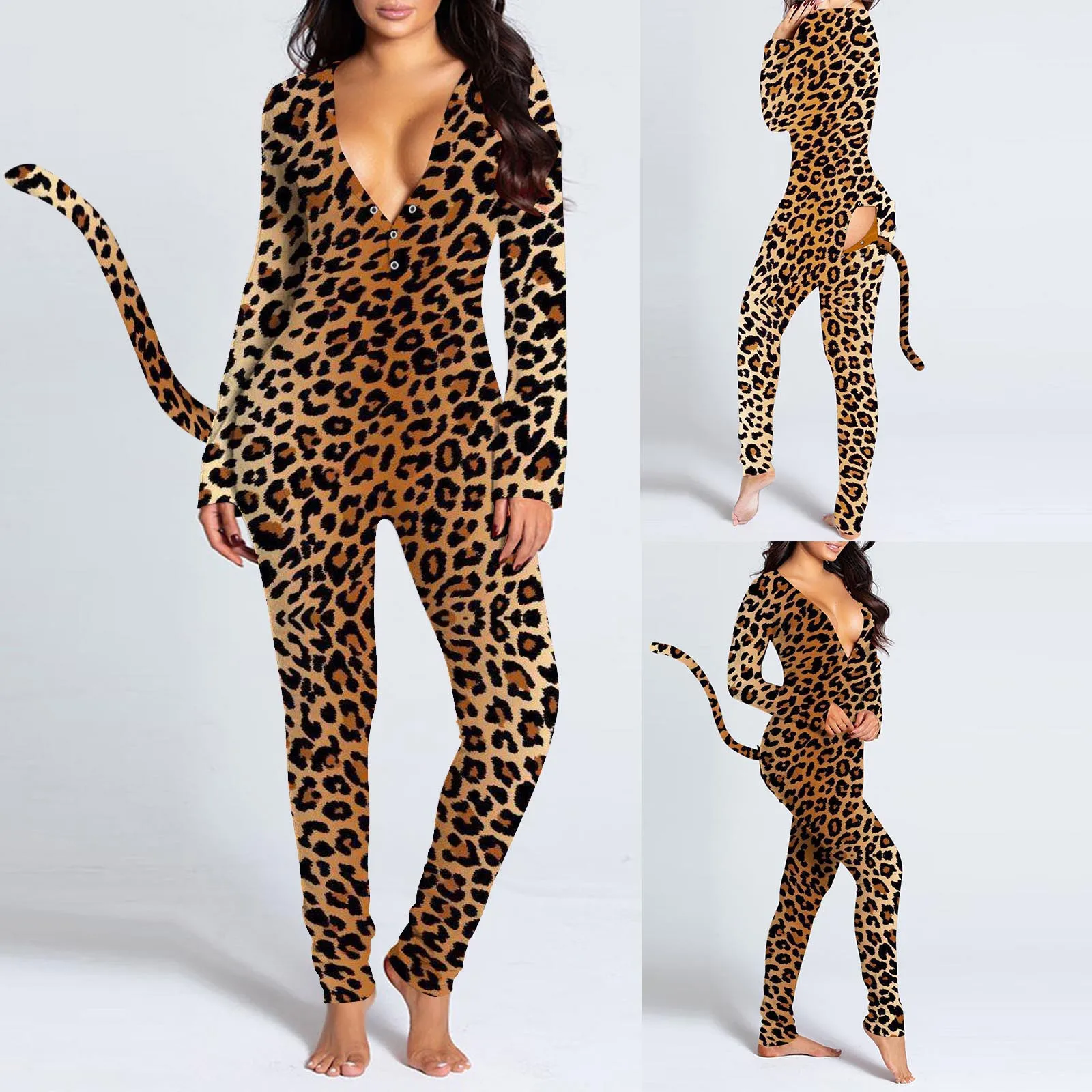 

Women V Neck Jumpsuit Functional Butt Buttoned Flap Tail Pajamas Long Sleeve Printed One Piece Romper Sleepwear Playsuit A50