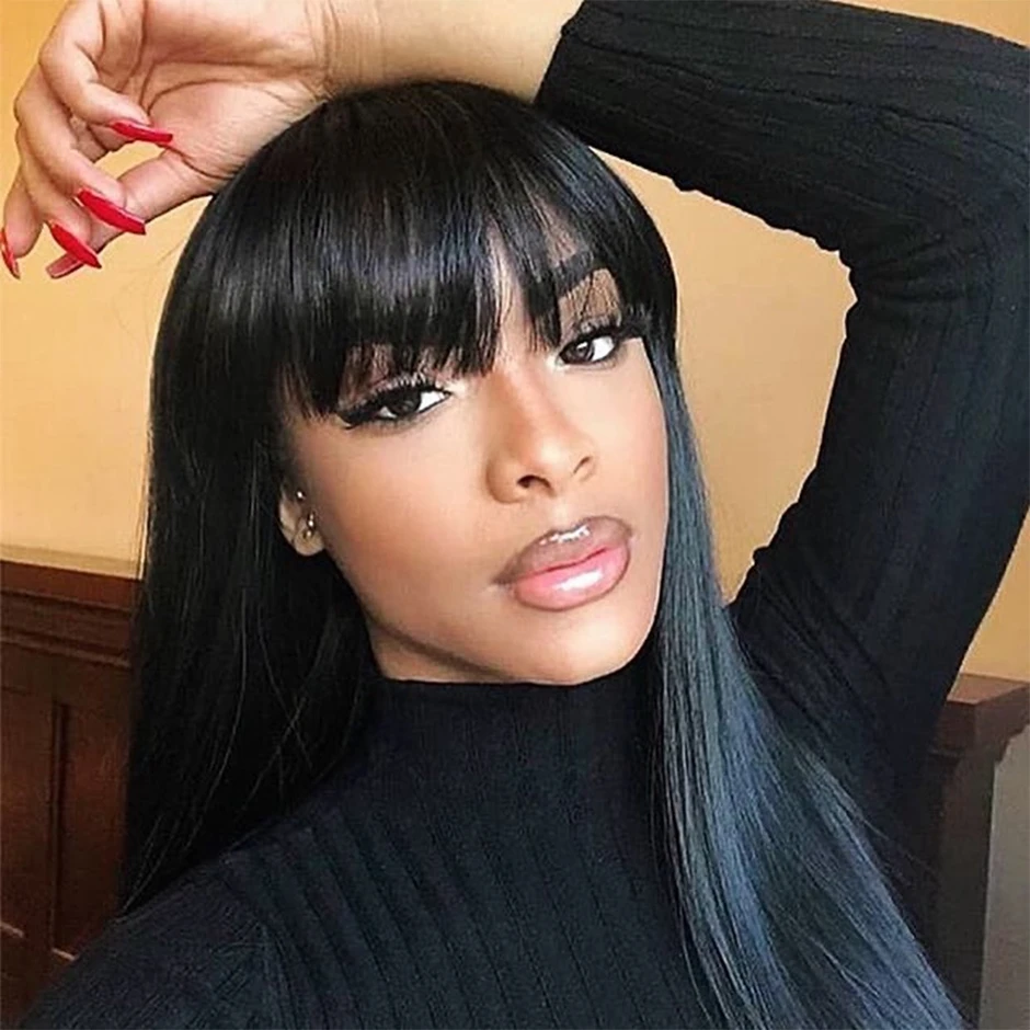 

GLOSSY Straight Human Hair Wigs with Bangs Glueless None Lace Front Machine Made Wigs Long 100% Real Natural Black Hair Wig