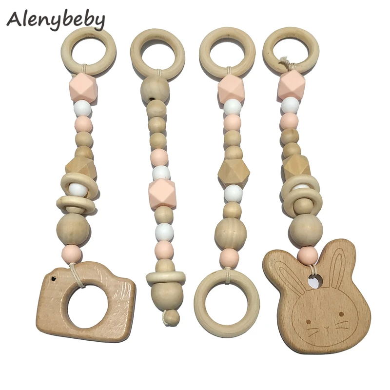

4pcs/set Cartoon Animal Wooden Ring Teether Chew Beads Teething Wood Rattles Toys Teether Montessori Baby Play Gym Nursing