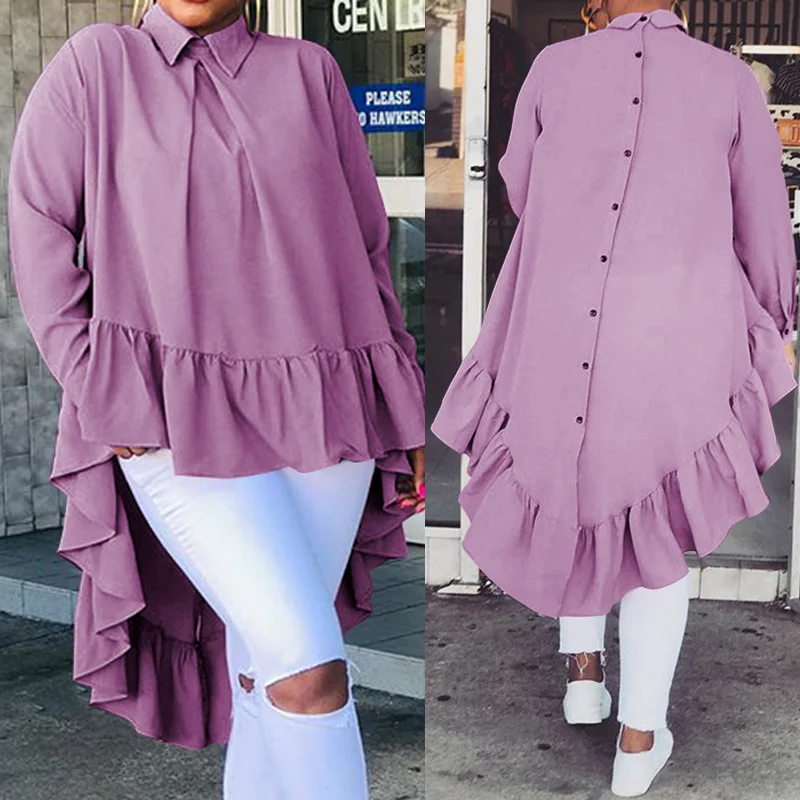 

Autumn Asymmetrical Long Blouses Celmia 2021 Solid Stylish Ruffles Shirts Women Long Sleeve Stitching Back Buttons Lapel Hem Top
