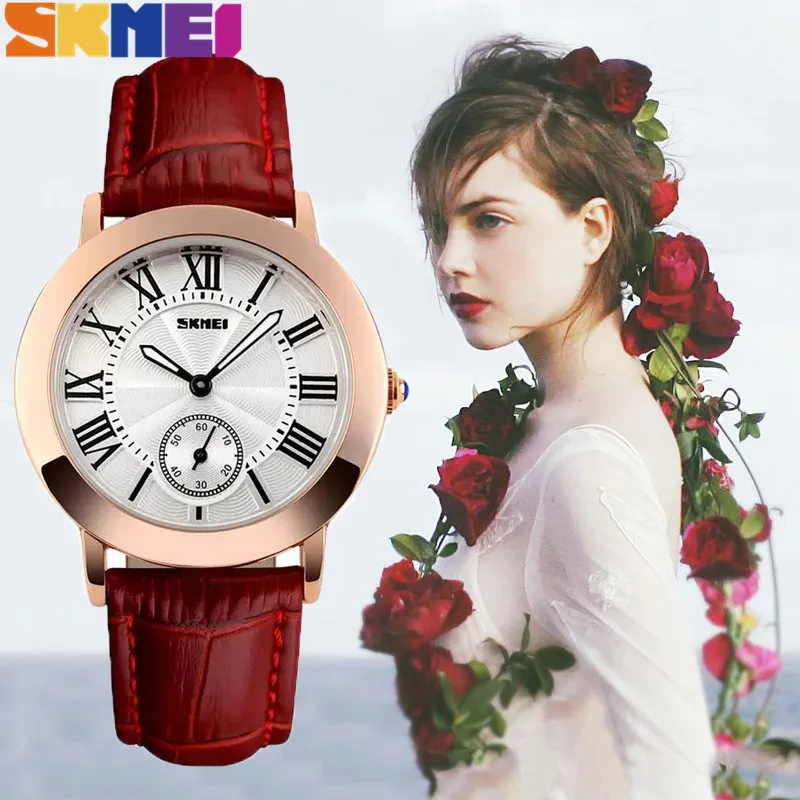 SKMEI роскошные женские часы кварцевые модные из натуральной кожи на ремешке