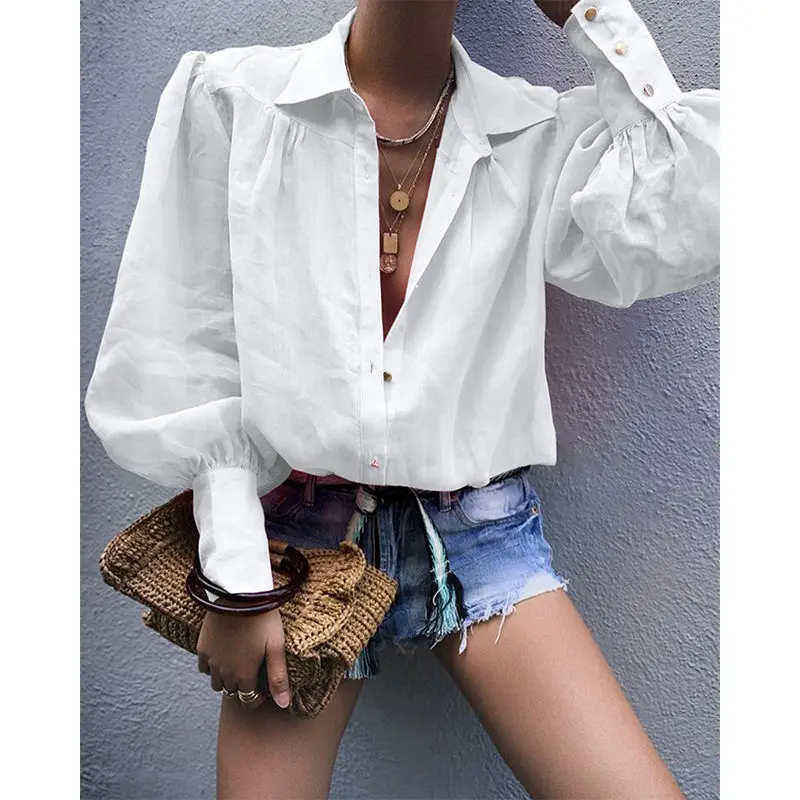 

Women Blouse Shirts White Lantern Sleeve Button Turn-down Collar Long Sleeve Autumn Lady Shirts Top Female Office Blouses