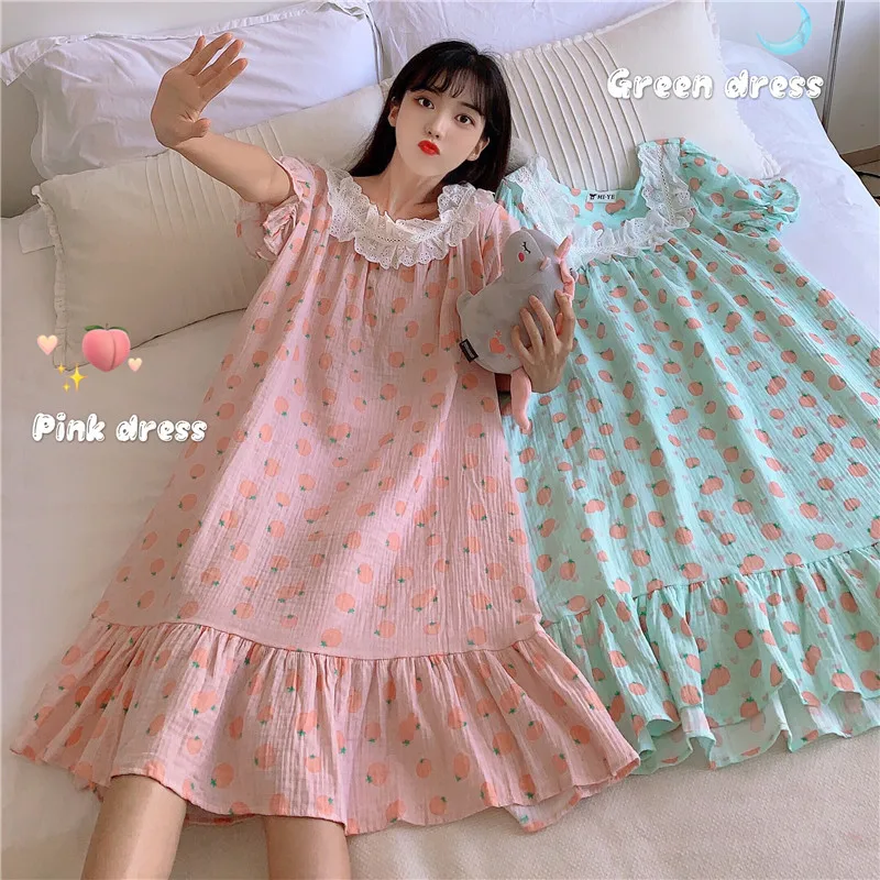 

Korean version sweet lace princess cotton skin - friendly orange print home dress nightgown