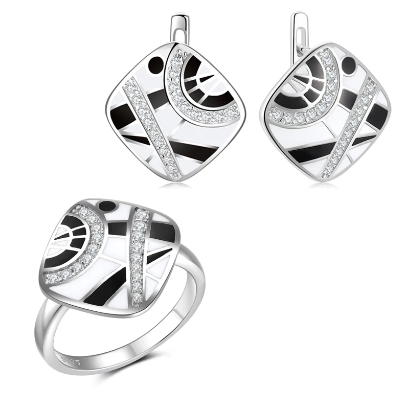 

OGULEE New Exquisite Ladies Ring Earrings Jewelry Set 925 Silver Handmade Enamel Black White Elegant Jewelry Wedding Party Gifts