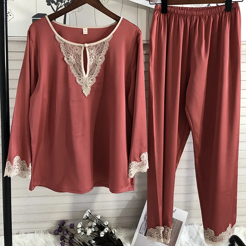 

Lace Sexy Women Pajama Set Long Sleeve Trousers Suit Pyjamas