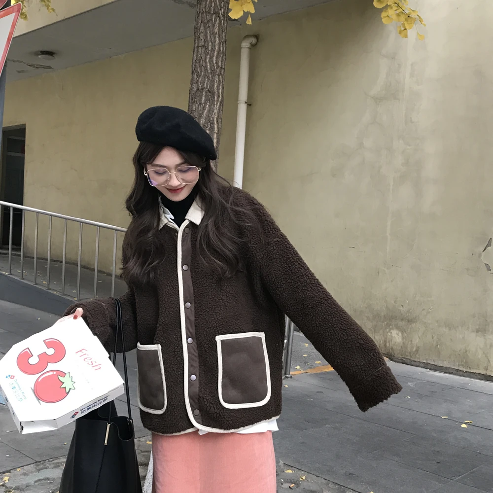 Женское короткое пальто из овечьей шерсти однобортное кашемировое контрастных